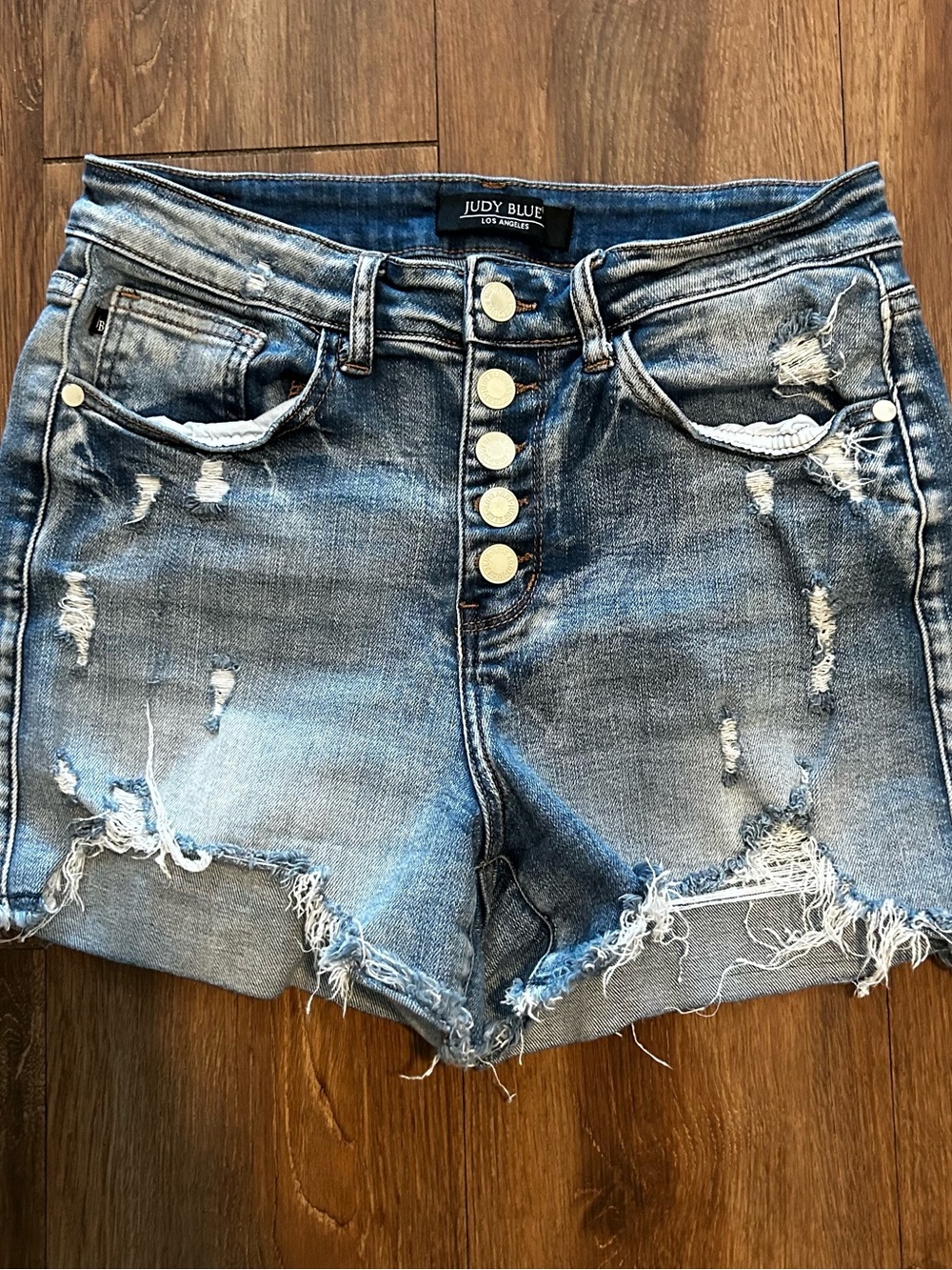 Judy Blue High Waisted Distressed Denim Shorts Light Wash Button Fly Size Medium